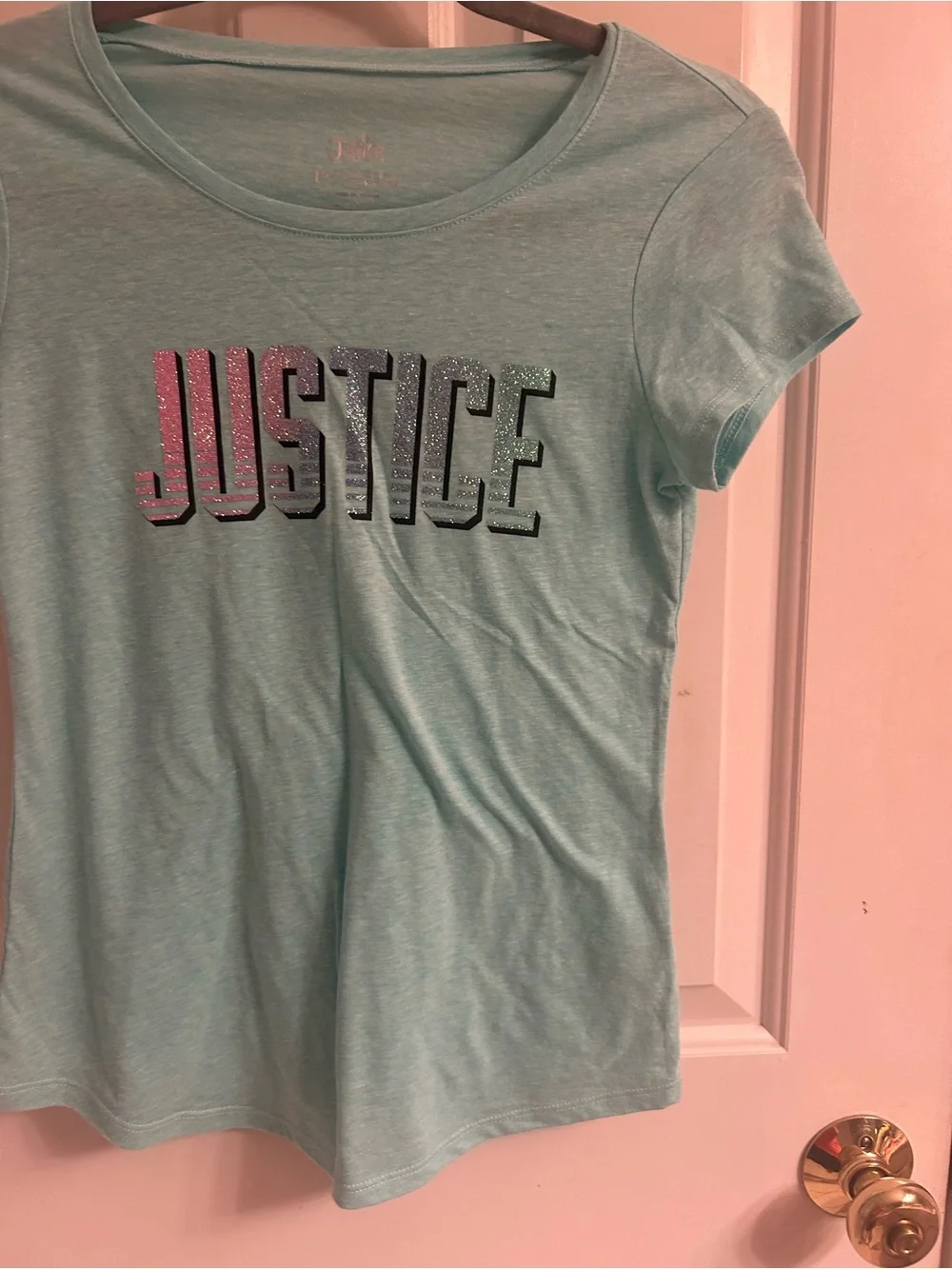 NWT- Girls Justice Mint Green Tee with Pink-to-Silver Glitter Logo